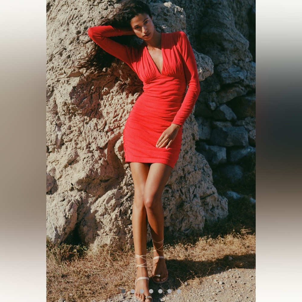 V Neck mesh ruched long sleeve Dress-NWT-